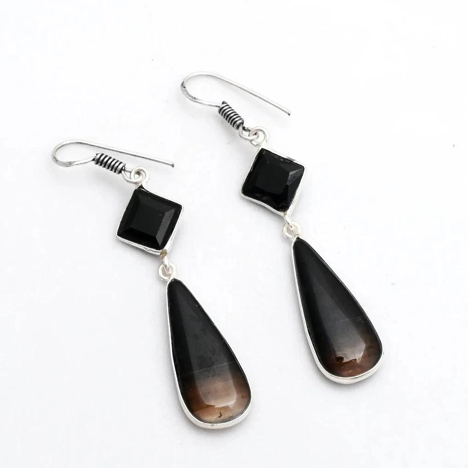 Pendientes colgantes Montana ágata ónix negro piedras preciosas joyería 1,8" AE-97912 Foto 1 de 1