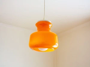 Orange Opaline Cased Glass Light Fixture Mid Century Modern Vintage Pendant - Picture 1 of 19