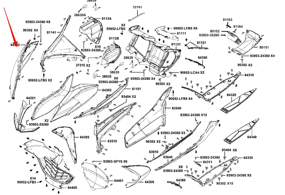 Carénage avant droit Kymco Xciting S400 - 64302-ADG5-E00-CVP - Photo 1/1