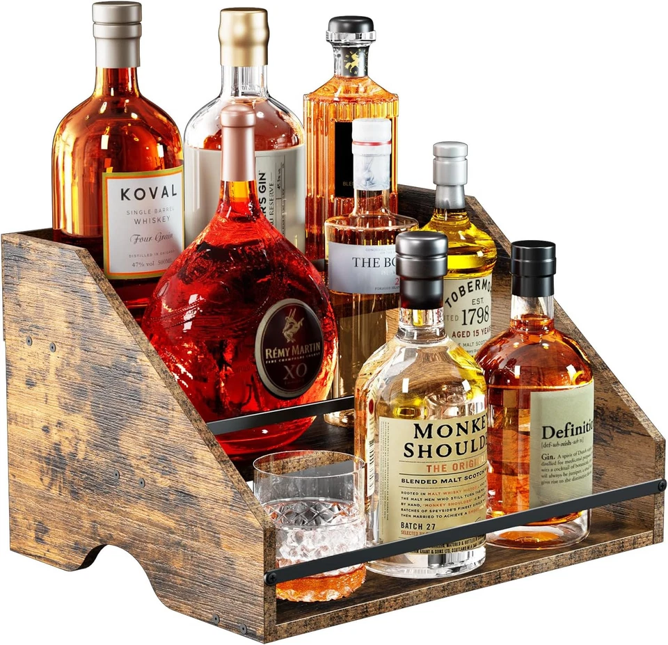Nuovoware Liquor Bottle Display Shelf Countertop 3 Step Wood Coffee Syrup Or...