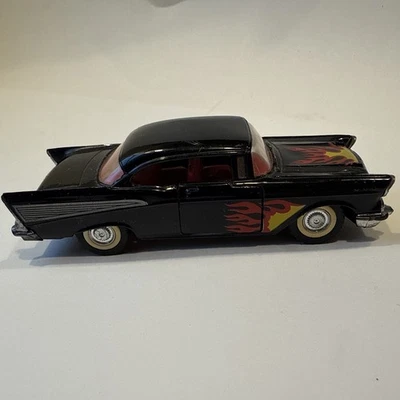 Majorette 1957 Chevy Bel Air 1:34 Scale Black with Flames ‘57 Doors Open - Image 1 of 4