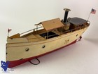 JOUET ANCIEN CARETTE BATEAU DE RIVIERE A VAPEUR CHAUDIERE VERTICALE C.1900 46CM