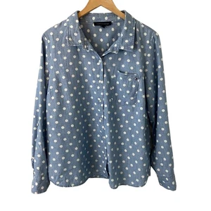 Tommy Hilfiger Chambray Polka Dot Top Blue White Button Up Roll Tab Sleeves XL - Picture 1 of 8