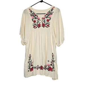 Boho Cream Tunic Blouse Floral Embroidery Lightweight Bohemian Womens Top L - Picture 1 of 6