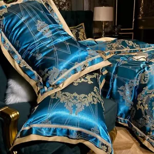 Turqoiuse Damask Design Satin Jacquard Cotton Silky Soft Bedding Duvet Cover Set - Picture 1 of 7
