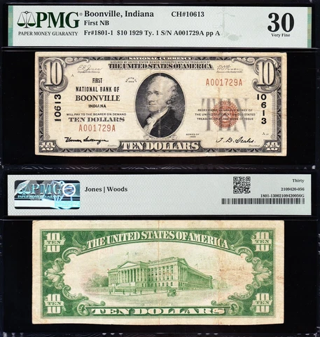 VERY NICE *RARE* Crisp Choice VF++ 1929 $10 BOONVILLE, IN National Note! PMG 30! Cover