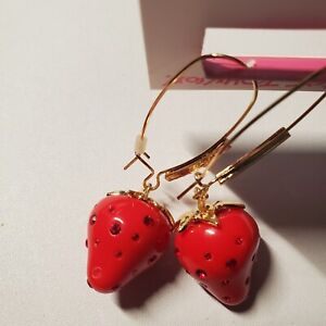 Betsey Johnson Red Strawberry Dangle / Drop Earrings w/Glass Stones
