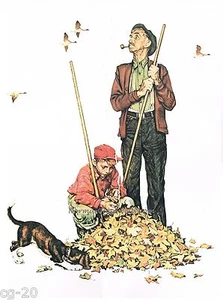 GRANDPA AND ME BURNING LEAVES - AUTUMN NORMAN ROCKWELL vintage print - Picture 1 of 1