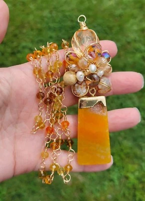 Collar de ágata de vidrio artístico envoltura de alambre facetado verde naranja tono dorado N1B Foto 1 de 4