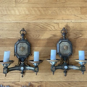 Pair Art Deco Polychrome Cast Metal Wall Sconces -Electrified - Ready To Be Hung - Picture 1 of 7