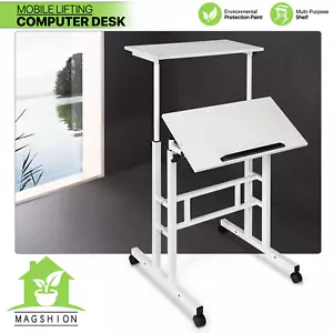 Office Workstation Stand Up Laptop Desk Adjustable Height Computer Table w/Wheel - Picture 1 of 11