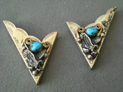 Native American Navajo Turquoise Sterling Silver Eagle Gold Scroll Collar Points - Image 1 of 4