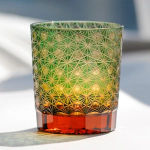 Handmade Whisky Glasses Edo Kiriko Crystal Glass Drinkware Tumbler Green 9oz - Picture 1 of 8