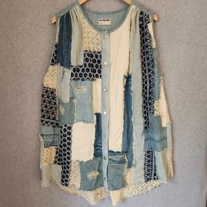 Free People Sleeveless Denim Shirt Dress S Patchwork Lace Magnolia Oversized - Picture 1 of 15