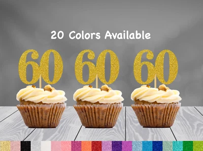 60 Cumpleaños Cupcakes Toppers Decoraciones Fiesta (JUEGO de 12) 20 Colores Disponibles Foto 1 de 4