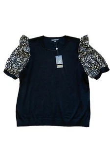 NWT Adrianna Papell Floral Short Sleeves Black Pullover Sweater Size L Classy - Picture 1 of 11