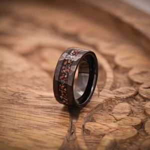 Hammered Dinosaur Bone & Meteorite ring, Unique Mens Wedding Band, Wooden Box - Picture 1 of 6