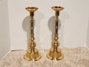 Pair 1980s Brass & Chrome Candlesticks 14.5” High - Picture 1 of 11