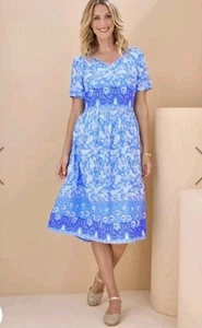 Ladies Size 14 Mid Blue Print 'Damart' Short Sleeve Midi Dress. Cool Fabric - Picture 1 of 6