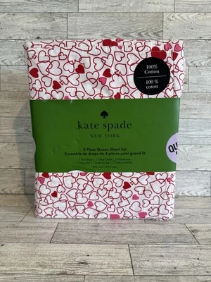 Nuevo Juego de Sábanas Kate Spade 4 Piezas Queen Rojo/Rosa/Blanco Contorno Corazones Algodón Foto 1 de 4