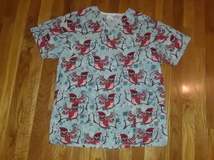 Ladies Fundamentals Blue Red Winter Owls Snow Scrubs Top Size S - Picture 1 of 5