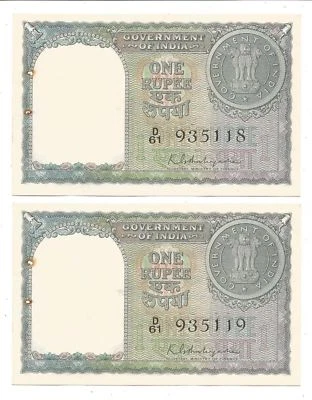India Rupee 1, Set of 2 Brilliant Uncirculated Serial Notes, A-3, KG Ambegaonkar - Image 1 of 4