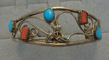Sterling Silver Cuff Bracelet Turquoise Coral by Navajo Silversmith Jerry Cowboy