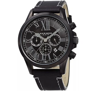 Akribos XXIV AK897BK Multifunction Day Date Dual Time Classic Black Mens Watch - Picture 1 of 5