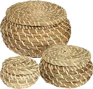 Dicunoy Set of 3 Small Wicker Basket with Lid, Round Woven Seagrass Brown - Picture 1 of 7