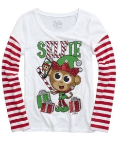 New Girls JUSTICE Elf Selfie Christmas Holiday Shirt size 5 Glitter Red stripes - Picture 1 of 1