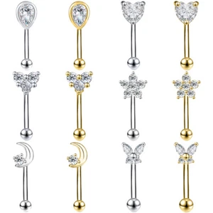 16G Curved Barbell Eyebrow Ring Piercing Stainless Steel CZ Stud Earring Jewelry - Picture 1 of 19