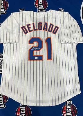 Camiseta deportiva a rayas autografiada por Carlos Delgado personalizada de los Mets de Nueva York (JSA) Foto 1 de 2