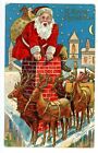 Merry Christmas-RED SUIT SANTA IN CHIMNEY W/ REINDEER-Embossed Postcard Surprise