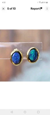 Pendientes dobles de ópalo azul de oro amarillo sólido de 14K  Foto 1 de 4