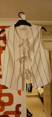 F&F White Waist Coat with Blue Stripe Linen Mix Size 8 - Image 1 of 4