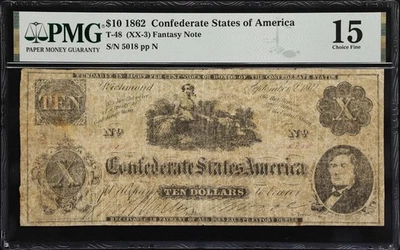 T-48 (XX-3). Confederate Currency 1862 $10. PMG Choice Fine 15. - Image 1 of 2