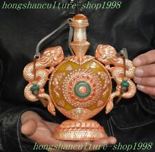 8"old Tibet dynasty Tibetan silver Inlay gem Dragon statue snuff bottle