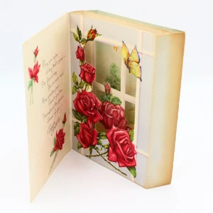 Tarjeta de felicitación de cumpleaños vintage escena country 3D rosas rojas años 30 obra de arte efímera - Imagen 1 de 7