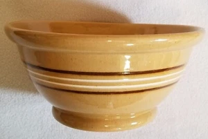 19th Century American Yellow Ware Mixing Bowl Brown & White Mocha Stripes 9-1/4" - Picture 1 of 19