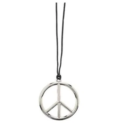 Silver Hippie Peace Sign Necklace - 26" - 1960's - 1970's - Costume Accessory - Image 1 of 2