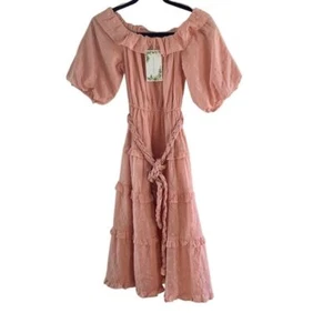 Tiered Ruffle Puff Sleeve Embroidered CottageCore Prairie Belted Midi Dress SM - Picture 1 of 13