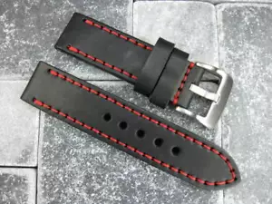 24mm SOFT COW LEATHER STRAP Black Watch Band Red Stitch PANERAI 24 - Picture 1 of 6