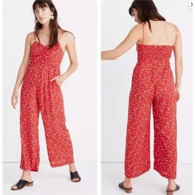 Madewell Red Floral Wide Leg Lightweight Ankle Length Jumpsuit Sz 14 Cottage - Image 1 of 4