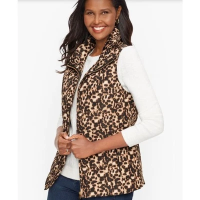 Talbots Women's Brown/Black Leopard Cinch Back Down Puffer Vest w/Pockets XS - Image 1 of 4