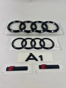 Audi A1 + S-LINE GLOSS BLACK PREMIUM BADGE SET FRONT & REAR RINGS 2010-2018 UK - Picture 1 of 5
