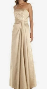 DAVID’S BRIDAL Women’s Elegant Strapless Champagne Beaded Long Satin Dress Sz 4 - Picture 1 of 10