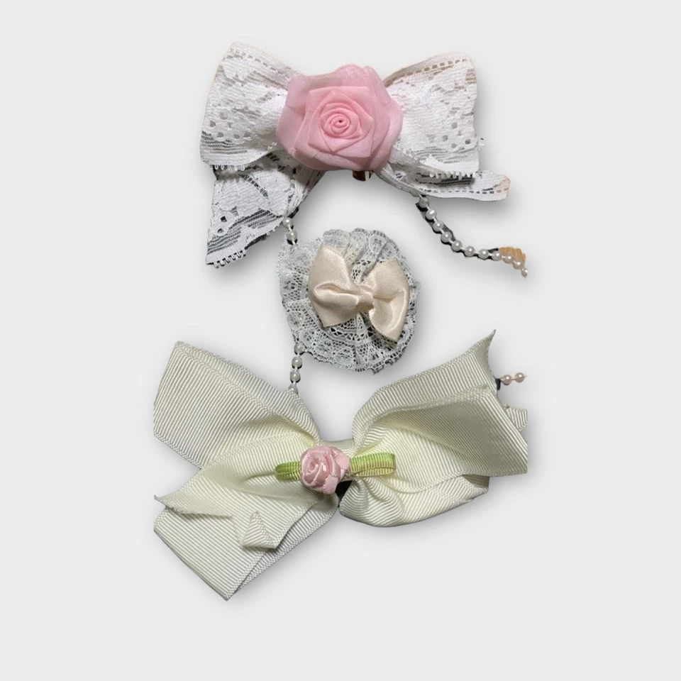 De Colección Cinta de Encaje Lazos para el Cabello Conjunto de 3 Clips Florales Nupciales Cottagecore Rosa Marfil Foto 1 de 4