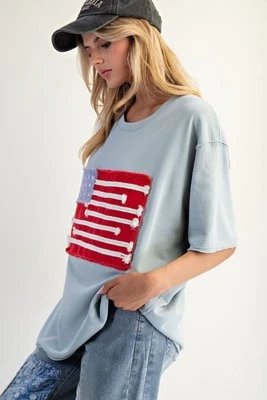 Camiseta tejida con retazos de estrellas y rayas con bandera americana de caballete para mujer  Foto 1 de 4