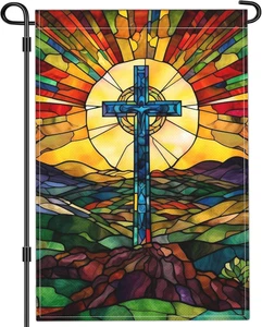 Banderas de jardín Jesucristo Cruz estilo vitral religioso exterior 12X18 pulgadas - Imagen 1 de 12