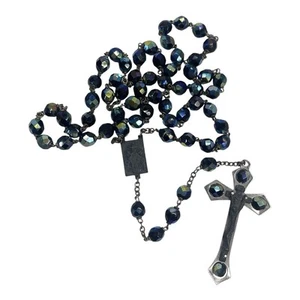Vintage Peacock Blue Iridescent Crystal Bead Rosary With Embedded Bead Crucifix - Picture 1 of 6